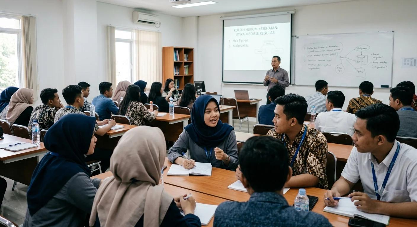 Suasana perkuliahan S2 Magister Hukum Kesehatan UNINUS dengan dosen dan mahasiswa profesional